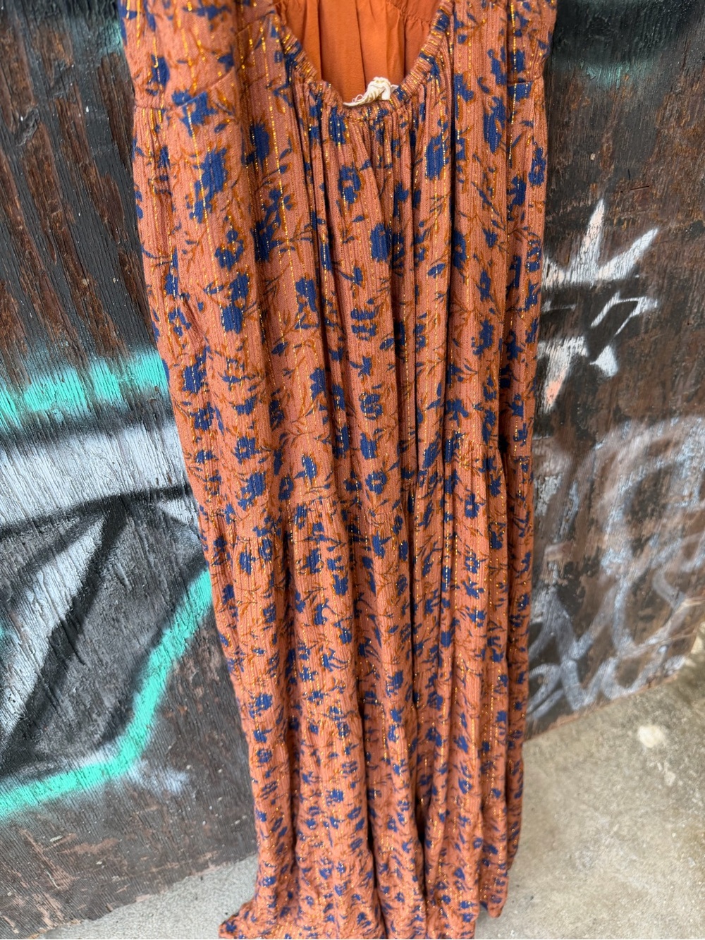 Jen’s Pirate Booty Rust Floral Maxi Boho Dress with Deep V-Neck OBO Glitter Gold - Picture 6 of 13
